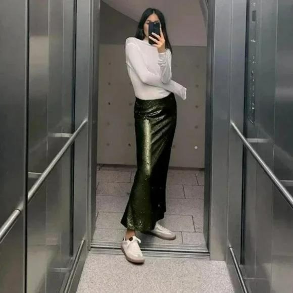 ZARA SEQUIN MIDI SKIRT GREEN NWT - Picture 2 of 7